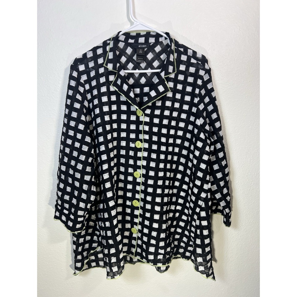 Ali Miles Blouse 1X Art To Wear Black White Green Crinkle Artsy Oversized Layer
